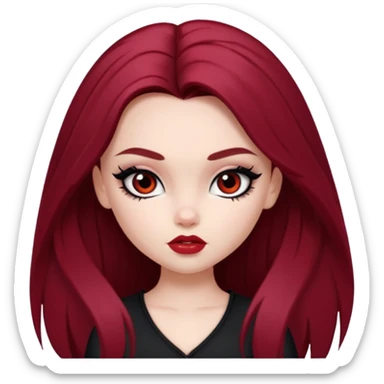 pale skin, girly bratz baddie, beautiful dark brown eyes, sharp black eyeliner, long dark red hair sticker