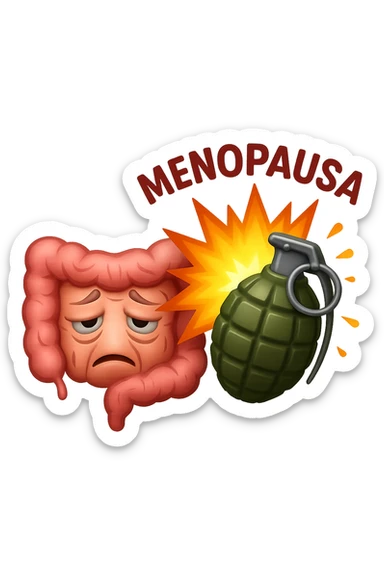 EMOJI STILE IPHONE DI INTESTINO ANZIANO CON RUGHE SFINITO, ACCANTO A LUI SCOPPIA UNA GRANATA 3D CON LA SCRITTA "MENOPAUSA" SOPRA sticker