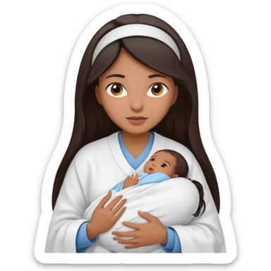 Female nurse with long dark hair with medium brown skin and brown eyes holding one new born  sticker