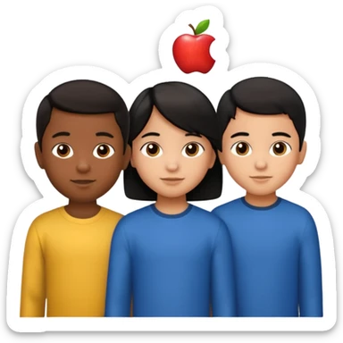 Three Hispanic kids: 9-year-old boy with short hair, 6-year-old girl with long straight hair, 6-year-old boy with short hair (twins), apple emoji style sticker