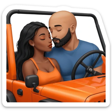 Intimate moment between lovers, real photo Realistic Couple, black woman with long black balayage hair is kissing bald white muscular man with orange facial hair and beard in a red Jeep Wrangler  sticker