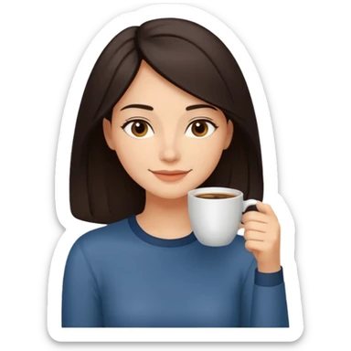 Calm and confident woman with dark shoulder-length hair, warm skin tone, soft features. Sitting by a window, peacefully sipping coffee with a gentle smile. Relaxed, natural vibe. sticker