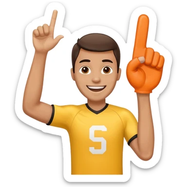 A cheerful man in a team jersey, waving a giant foam finger high with an excited grin. sticker