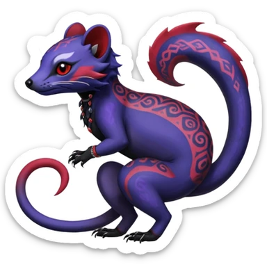 Rare warm-colored exotic gloomy tropical edgy cute epic aesthetic spooky indigo violet white black red gothic colorful Salandit-Noibat-Civet-species-Fakemon-hybrid-creature, with tribal tattoo markings, full body sticker