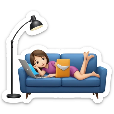 A girl is working with a laptop while lying on a sofa, with a floor lamp to the right. sticker