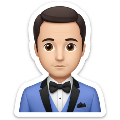 Freddie Prinze Jr with dark brown hair, periwinkle suit with bow tie sticker