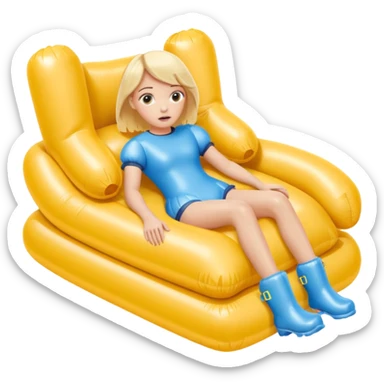 chica rubia con cara de miedo con unas botas de presoterapia gigantes inflables tirada en una cama amarilla sticker