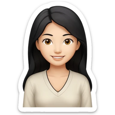 medium tan asian woman with long black hair past middle of back, round brwn eyes, white v neck blouse smiling. sticker
