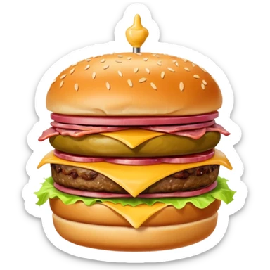 Burger in potato bun (NO SESAME) with these ingredients: Swiss cheese, pastrami, fried pickles, sauerkraut and burger sauce  sticker