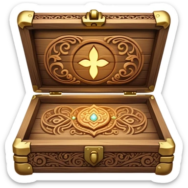 magical wooden box with intricate carvings, glowing softly, holding necklaces inside sticker