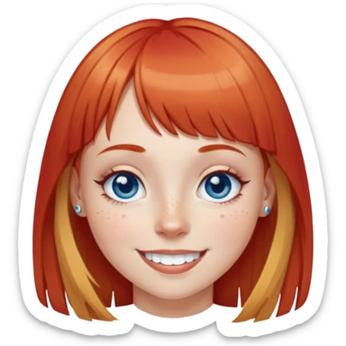 Girl with blonde bangs and red hair with very thin eyebrows with a septum piercing blue eyes, freckles, and a big smile sticker
