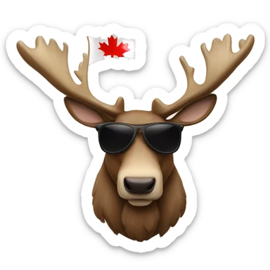 Mooose wearing sunglasses with his tongue outwith a Canadian flag sticker