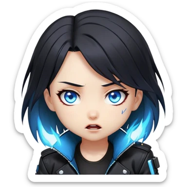 Black hair cyberpunk 2077 chibi girl with blazing blue eyes and black jacket. shocked anime style sticker
