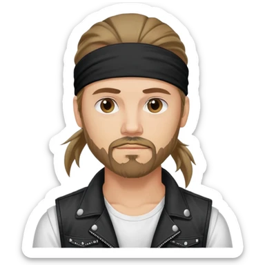 Guy wearing bandana as a headband with goatee and long hair atop his head in ponytail, wearing white tshirt with black biker ves sticker