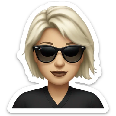 White woman with short messed silver blond hair with sunglasses big black rayban and black polo sweater  sticker