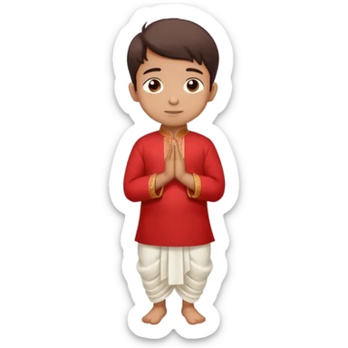 Full body Bengali boy wearing traditional red kurti and white dhoti with hands joined in prayer position sticker