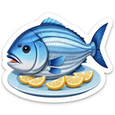 Fish dishes avatar in bright emoji-style illustration. Grilled fish, fillets, and seafood, blue and silver tones, simple shapes, flat design, fresh and flavorful. sticker