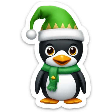 A penguin with a green Christmas hat with a small pom pom on it and a green elf vest with belly showing sticker