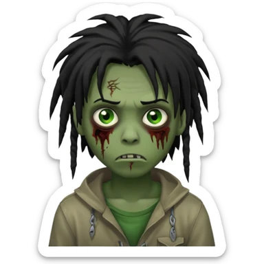 Boy, zombie, black hair,dreads, medium long, emo, shaggy, dark, spooky, creepy expression, green eyes sticker