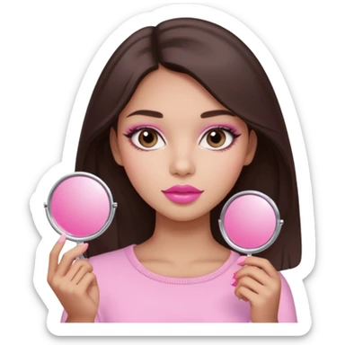 A dark brown hair beautiful eyes medium skin tone of girl carrying a pink mirror to her self and have lip stick on one of her hand look like pink pastel the packaging similar to Rhode lip  sticker