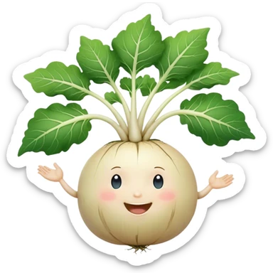 white turnip with cute smiling baby-like face and leafy stalk and cute spindly roots for hands sticker