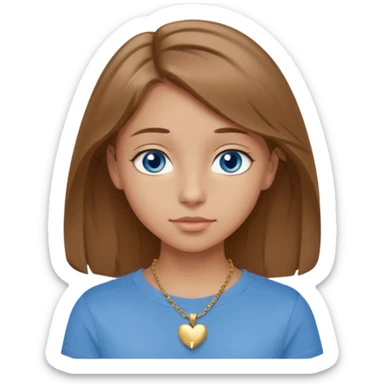A 16-year-old girl with long, light brown hair and blue eyes. She also has slightly tanned skin, a small nose, and average-sized lips (though her lower lip is slightly larger than her upper lip). She's wearing a taupe T-shirt with a round neck and a gold necklace with a small heart on it. sticker