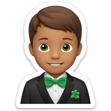baby cute boy 5 years old, brown hair in suit, with green bow, smile sticker