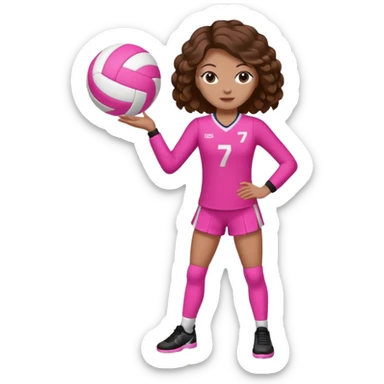 une joueuse de volley de debout qui joue c'est une blanche bronzée brune avec des cheveux longs boucles elle a une tenue rose avec le numéro 7 et UNE BALLE ROSE sticker