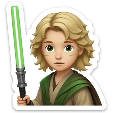 Young jedi with dirty blonde wavy hair holding a green lightsaber sticker