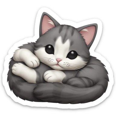 dark grey and white small cat with its eyes closed lying down leaning on its elbow with its paw curled under its head holding it up sticker