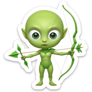 3D emoji-style green alien holding a bow and arrow, glossy texture, smooth skin, large expressive eyes, small humanoid body, minimalist background, soft lighting, Pixar-style rendering, high detail, cute but slightly serious expression, clean centered composition. sticker