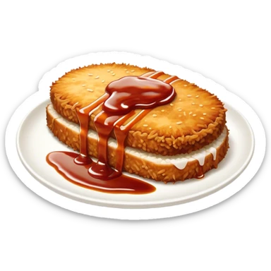 Tonkatsu Cinematic Realistic Tonkatsu Dish Emoji, depicted as a golden, crispy pork cutlet drizzled with tangy BBQ sauce, rendered with detailed textures and dynamic, appetizing lighting. sticker