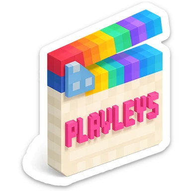 voxel style movie clapperboard, white body, colorful lid, pink text 'PLAVLEYS', isometric view sticker