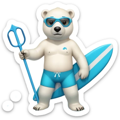 friendly anthropomorphised polar bear standing out of the pool, wearing surf board shorts and a scuba mask with snorkel sticker