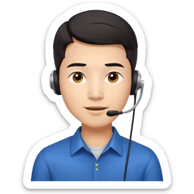 A young Asian man with smooth light skin, dark hair that swoops upward in the front, expressive eyes, a clean-shaven face, and a call-center style headset over one ear, flamboyent  sticker