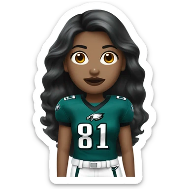 White female long dark hair red lips wearing Philadelphia Eagles jersey sticker