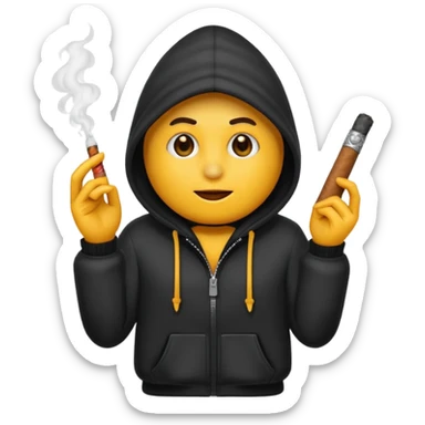 Tu peux créer un emoji d'un cagoule noir qui fumé un cigare qui me le doigt comme ça 🫵🏾 sticker