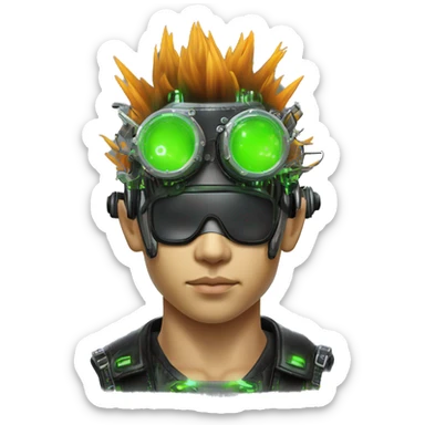 Mohawk hair with neon green highlights Asian male cyborg head with neon silver steampunk goggles and circuits sticker