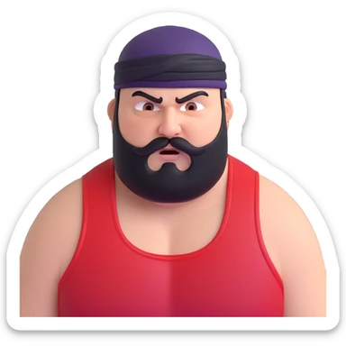 Close-up of extremely fat white skin guy with young face, prominent BLACK DURAG tied clearly on head, distinct black beard and mustache, no muscle, black eyes in a red and black wrestling singlet with angry face sticker