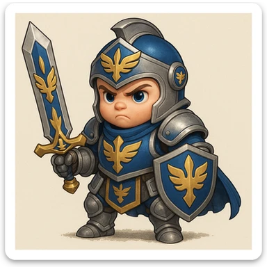 Add a prominent Demacian crest to the armor and sword of the baby knight, keeping the blue and silver color scheme and heroic look, in a style that matches the original image's cute and noble baby knight appearance. sticker