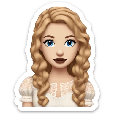 White girl with shoulder length straight hair a mix between dark ginger and dark blonde. Blue eyes long eyelashes rose cheeks and nude lipstick and bold eyeliner. Wearing frilly blouse with exaggerated puff sleeves and lace sticker