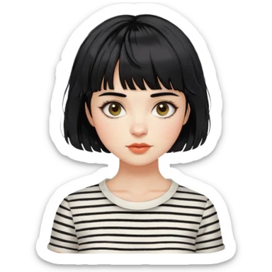 Cute woman short french haircut tousled textured messy wavy hair short straight-across blunt baby bangs black hair Amelie elegant woman with beautiful hair aesthetic striped white shirt sticker