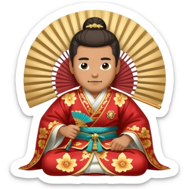 Wealthy warlord in ornate kimono, crest on chest, seated with fan in hand. sticker