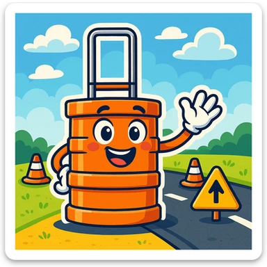 Make a fun cartoon scene with the orange road construction barrel as the main character. Add a bright, playful background with a road, some traffic cones, and a blue sky with clouds in the style of cartoonish stickers. sticker