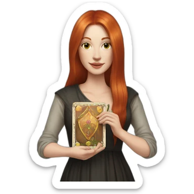 redhead white woman medium long straight hair, holding a tarot card in her hand sticker