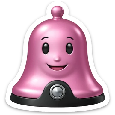 pink call bell with black base and silver knob and with smiley face on it sticker