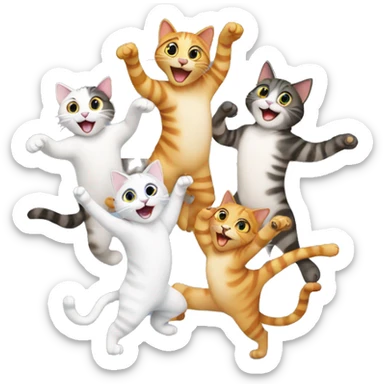 6 happy cats dancing together sticker