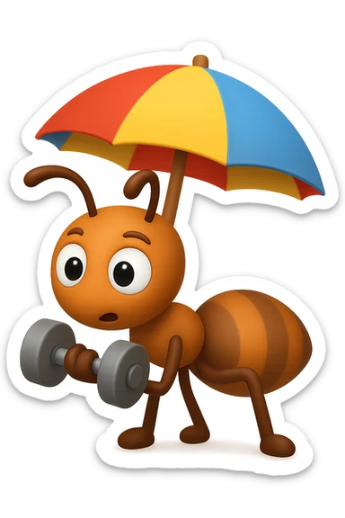 EMOJI STILE IPHONE 3D DI una formica che si allena sotto l'ombrellone in spiaggia con un manubrio da palestra in mano, fagli anche la parte bianca degli occhi, non solo la pupilla sticker