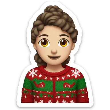 Girl with brown hair in a ugly christmas sweater crocheting sticker