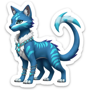 Kawaii cute Indigo Turquoise Grey beautiful pretty elegant divine edgy feline-vernid-sergal-Fakémon-Pokémon-Digimon-fursona-animal-creature, full body, with intricate detailed markings, silken shawl, decorative anklets sticker